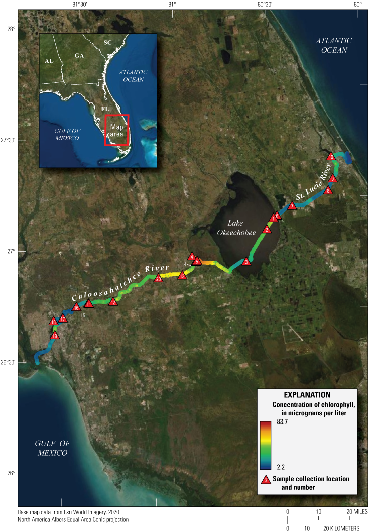 Satellite image of part of southern Florida with colored line for the survey track.