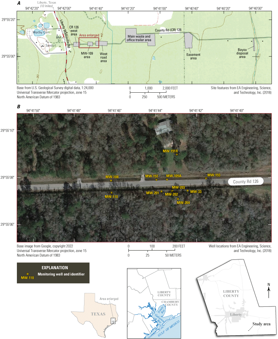 Figure 1. Maps of study area location and monitoring wells sampled at Turtle Bayou
                     Superfund site, 2020.