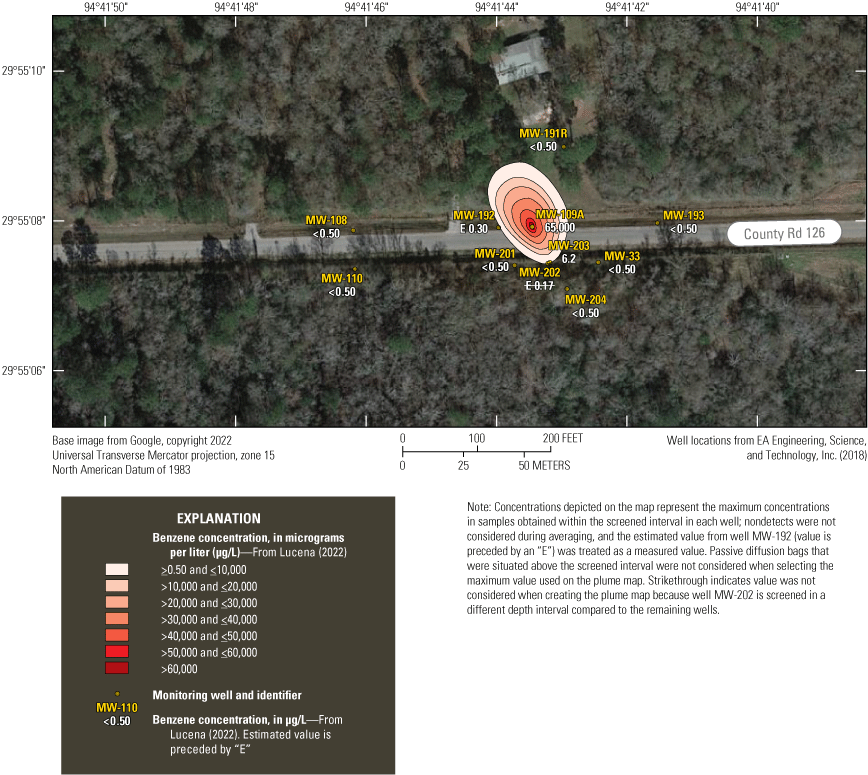 Figure 6. Map shows benzene concentrations and plume at Turtle Bayou Superfund site,
                        2020.