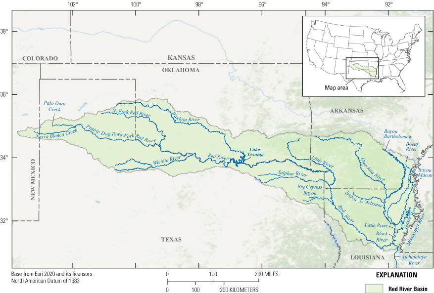 Map of Red River Basin study area, major tributaries, and Lake Texoma at center, dividing
                        the Red River Basin into the upper basin and lower basin.