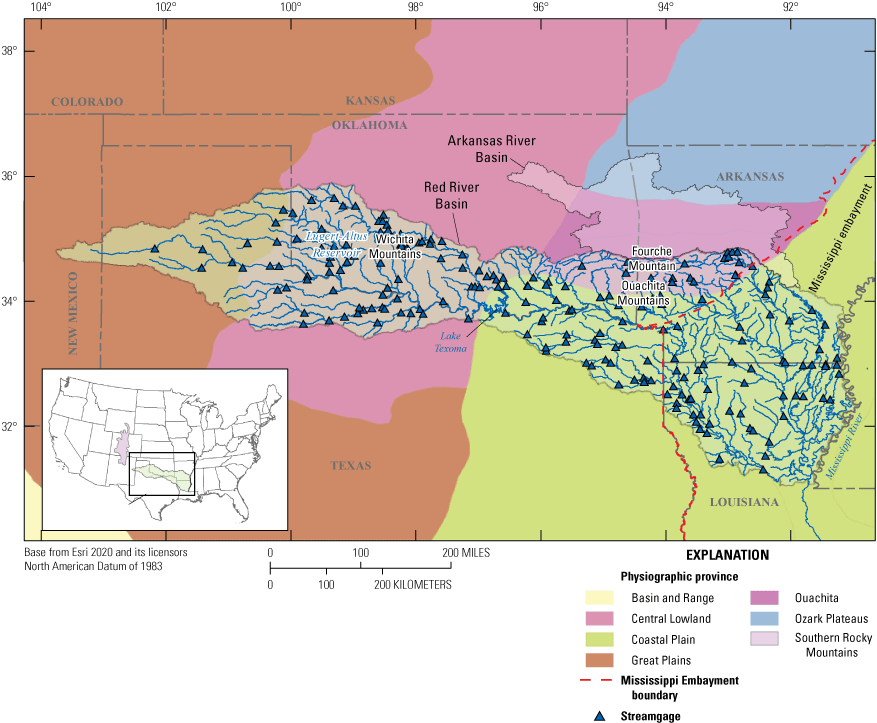 Map showing location of Red River Basin, seven physiographic provinces, Mississippi
                        Embayment boundary, and streamgages.