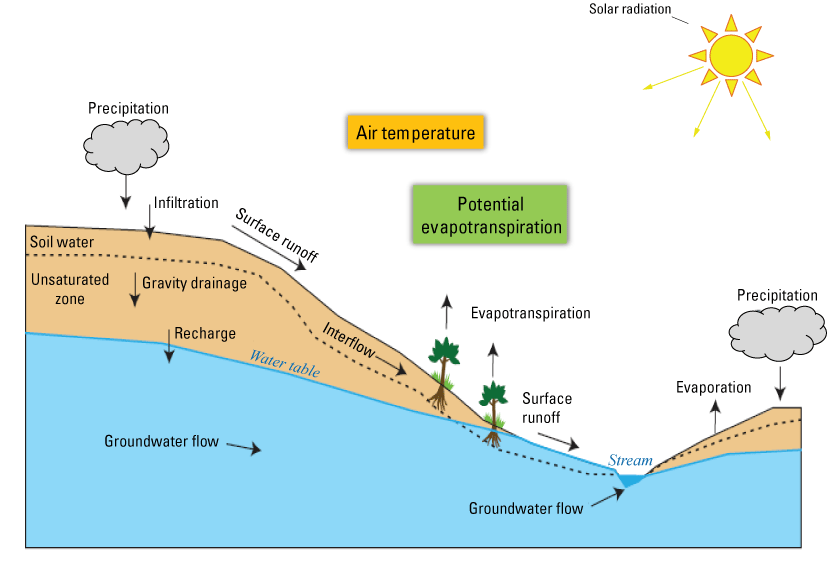 Schematic cross section showing conceptual flow model of precipitation, evaporation,
                        evapotranspiration, surface runoff, infiltration, gravity drainage, recharge, and
                        groundwater flow, as well as soil water, unsaturated zone, and water table. Illustration
                        uses arrows to show precipitation, evapotranspiration, and other hydrologic processes
                        of the Red River Basin.