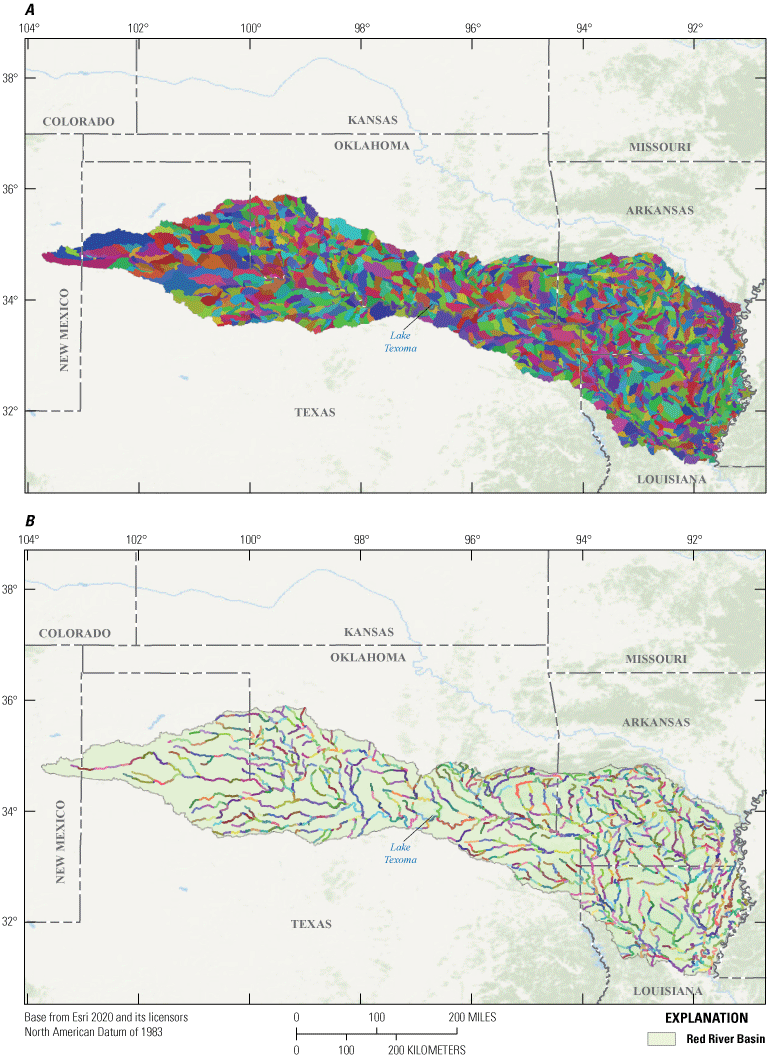 Maps showing basin hydrologic response units delineated for the Red River Basin Precipitation-Runoff
                        Modeling System model and the stream segments used in the Red River Basin Precipitation-Runoff
                        Modeling System.