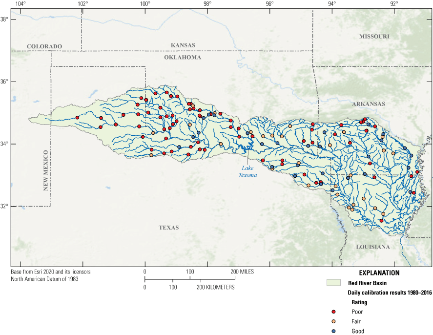 Map showing performance metric ratings (good, fair, poor) for 129 streamgages across
                        the Red River Basin calibrated at a daily time step.