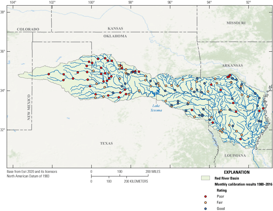 Map showing performance metric ratings (good, fair, poor) for 129 streamgages across
                        the Red River Basin calibrated at a monthly time step.
