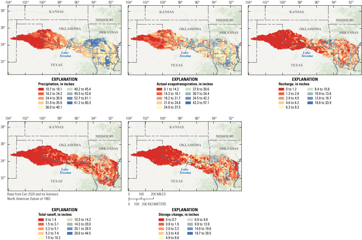 Maps showing water balance components (precipitation, actual evapotranspiration, recharge,
                     total runoff, and storage change) for the full study period from 1980 to 2016