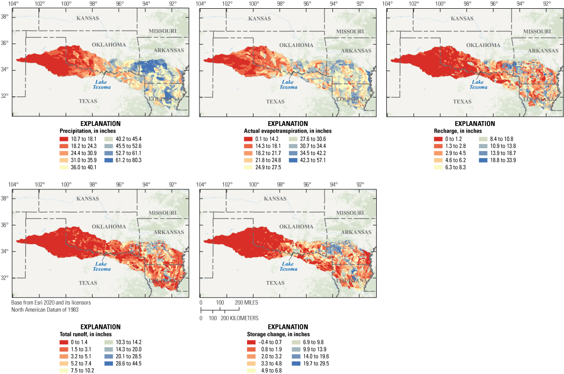 Maps showing water balance components (precipitation, actual evapotranspiration, recharge,
                     total runoff, and storage change) for the period from 2008 to 2016.