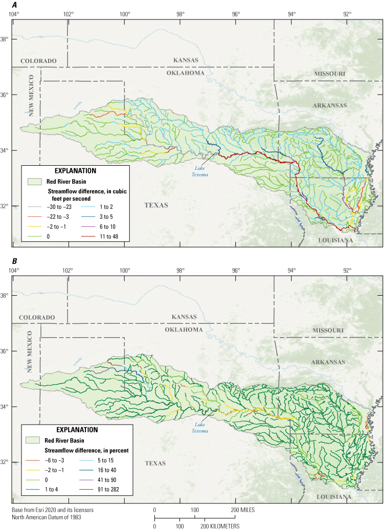 Maps showing water-use effects on streamflow in the Red River Basin for the period
                     2008–16.