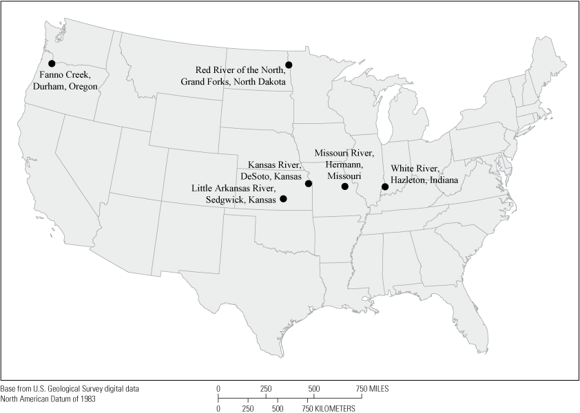 Six locations labeled on a map of the conterminous United States.