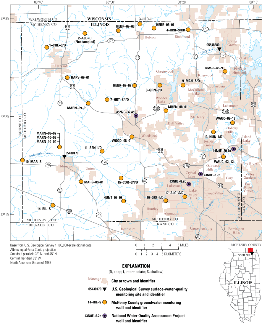 Groundwater-quality monitoring wells and sampled surface water sites are shown in
                     McHenry County, in northeastern Illinois.