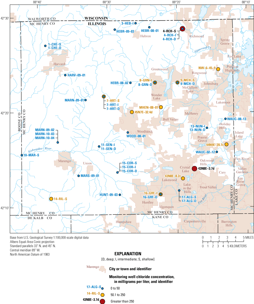 Chloride concentrations are greater than 250 mg/L at 2 wells and 10 wells were between
                        50.1 and 250 mg/L.