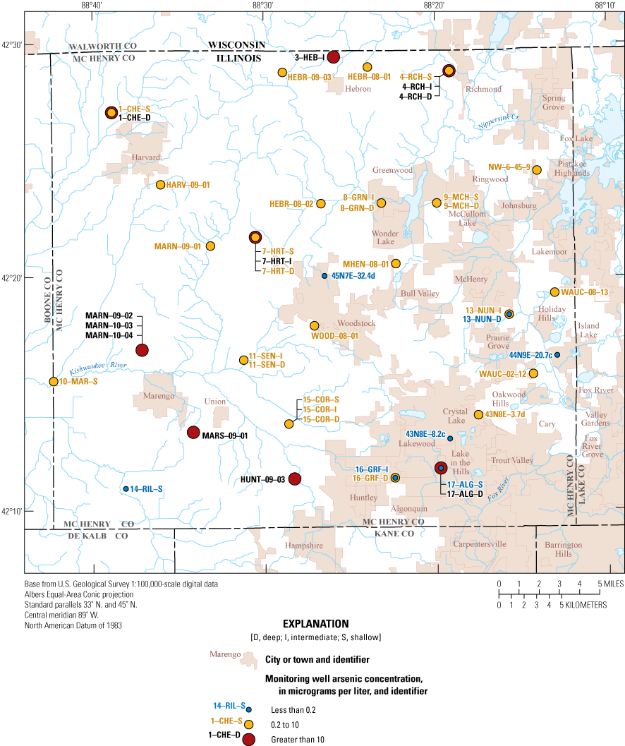 Arsenic concentrations exceeded the EPA drinking water maximum contaminant level of
                        10 μg/L at 11 wells.