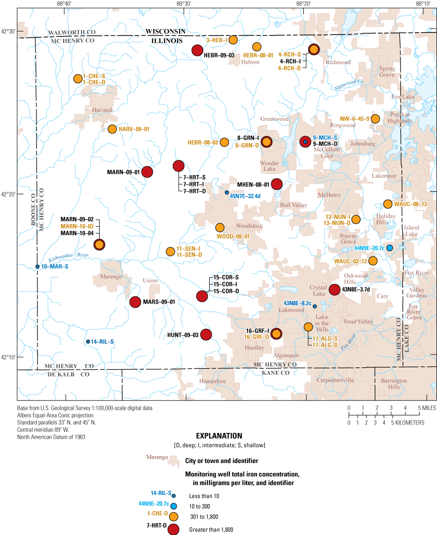 Iron concentrations exceeded the EPA secondary maximum contaminant level of 300 μg/L
                        in 39 groundwater monitoring wells.