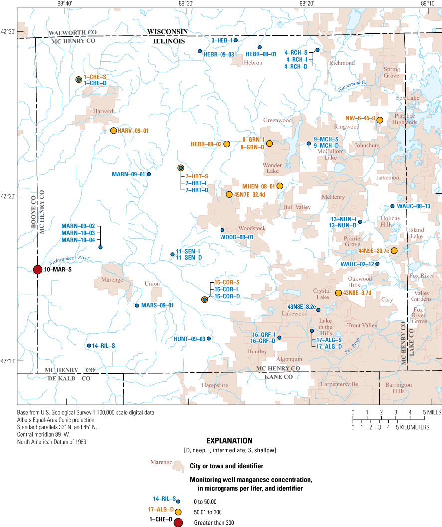 Manganese concentrations exceeded the EPA drinking water advisory of 300 μg/L at 1
                        well and 13 wells exceeded 50 μg/L.