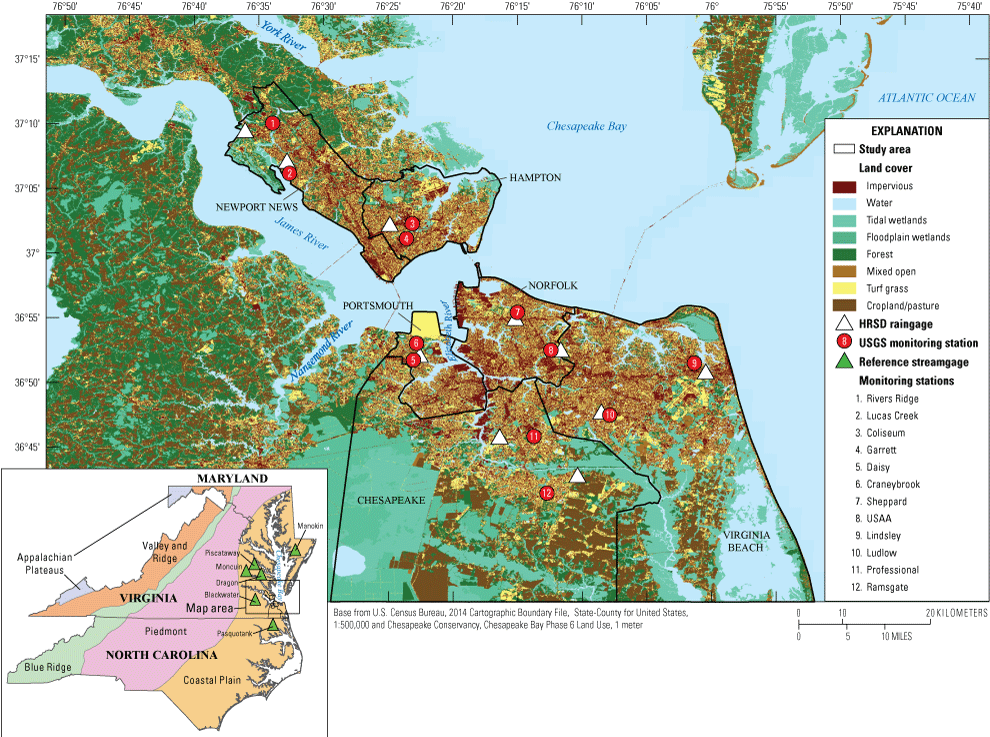 Study area outlined in black. Red dots and white triangles indicate U.S. Geological
                        Survey monitoring stations and Hampton Roads Sanitation District rain gages, respectively.
                        Different colors indicate different land cover.