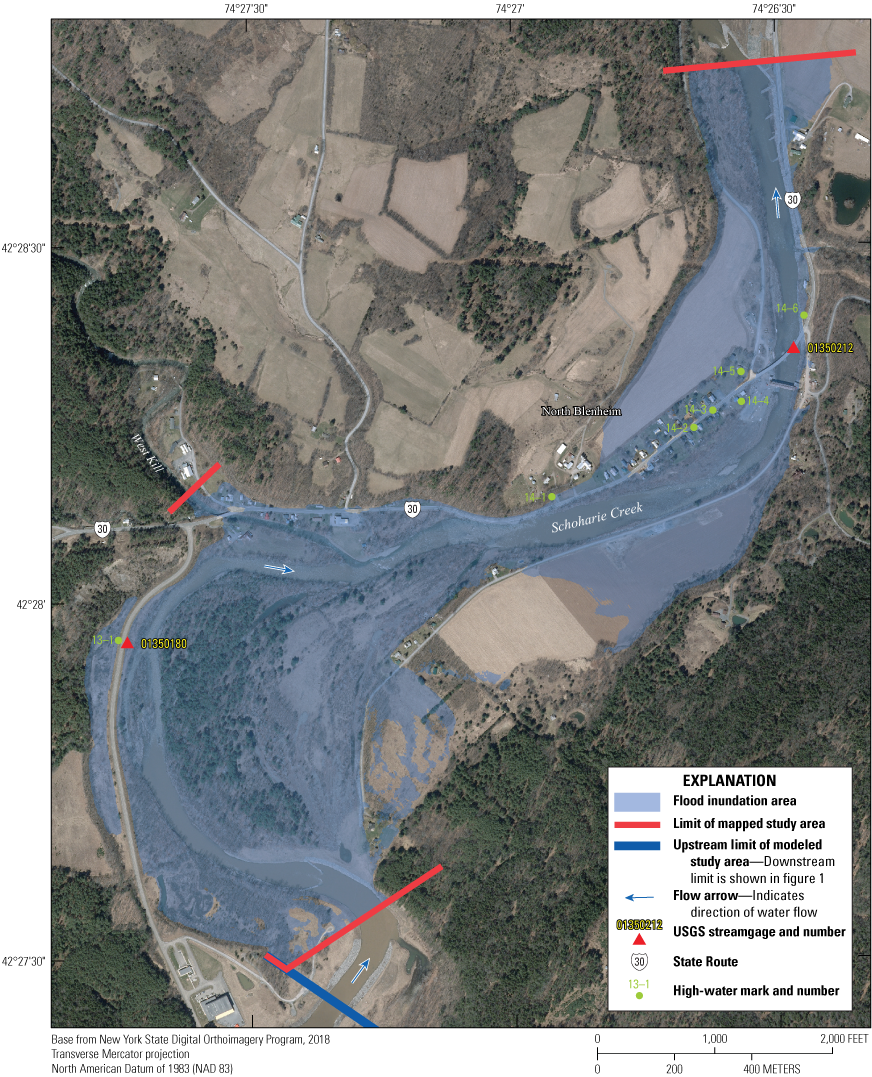 Inundation area and high-water marks in the mapped study area are shown; farthest
                        downstream part of modeled study area is not shown.