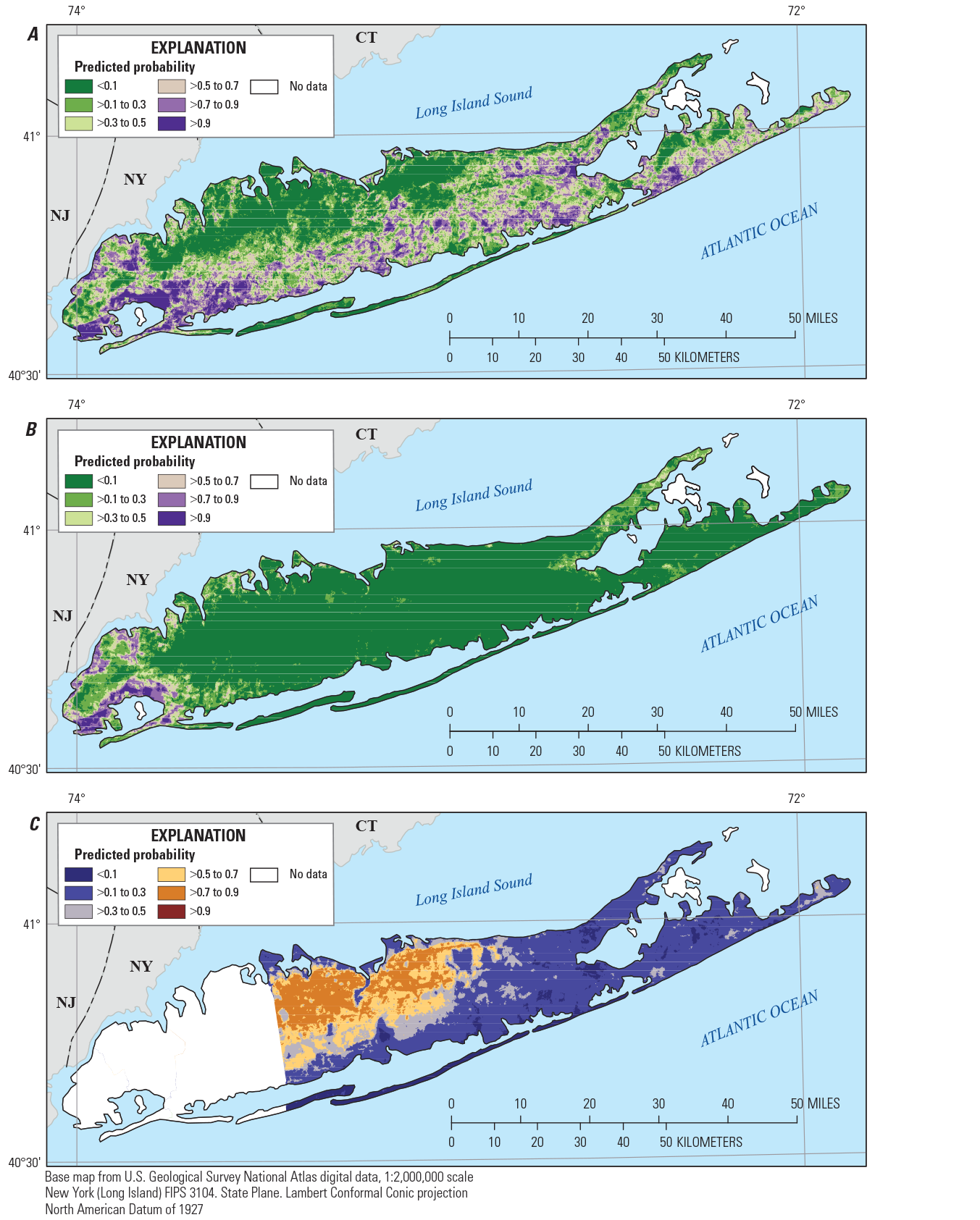 Predicted probability for a middle layer of the Magothy aquifer underlying Long Island,
                        New York