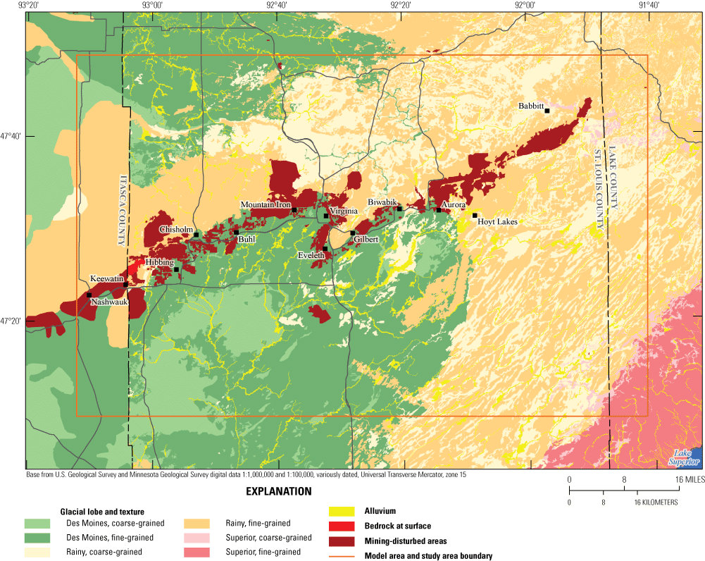 Map area is shown in assorted colors by glacial lobe and texture.