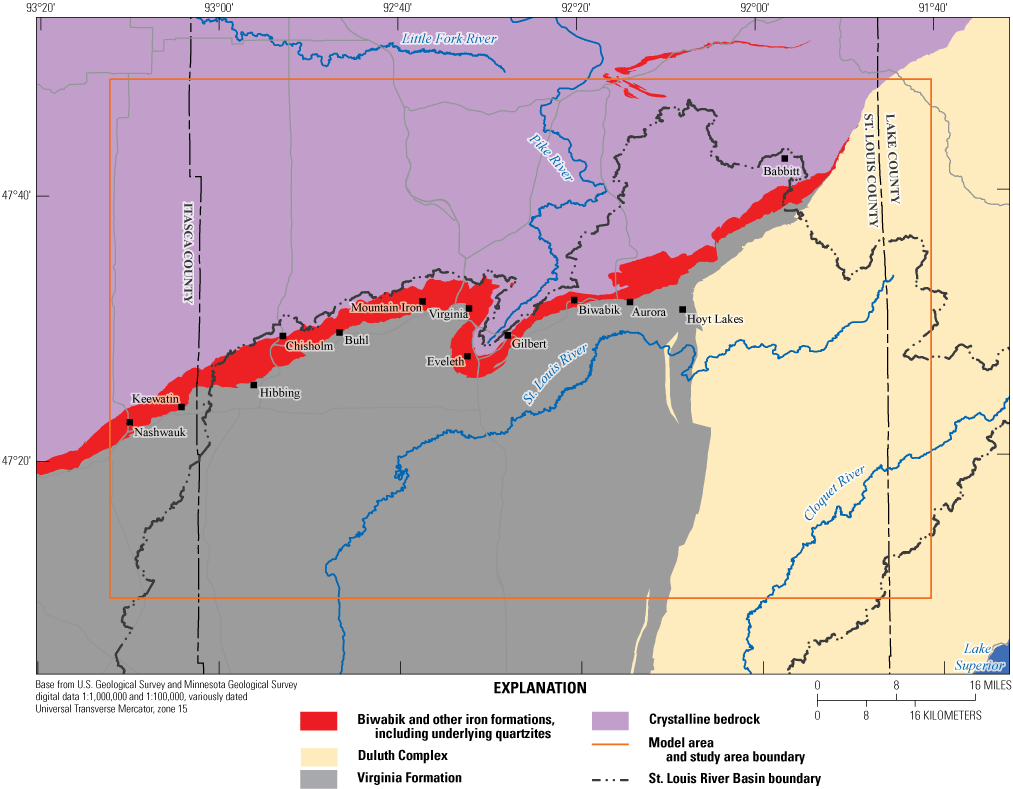 Map area is shown in assorted colors by geology.