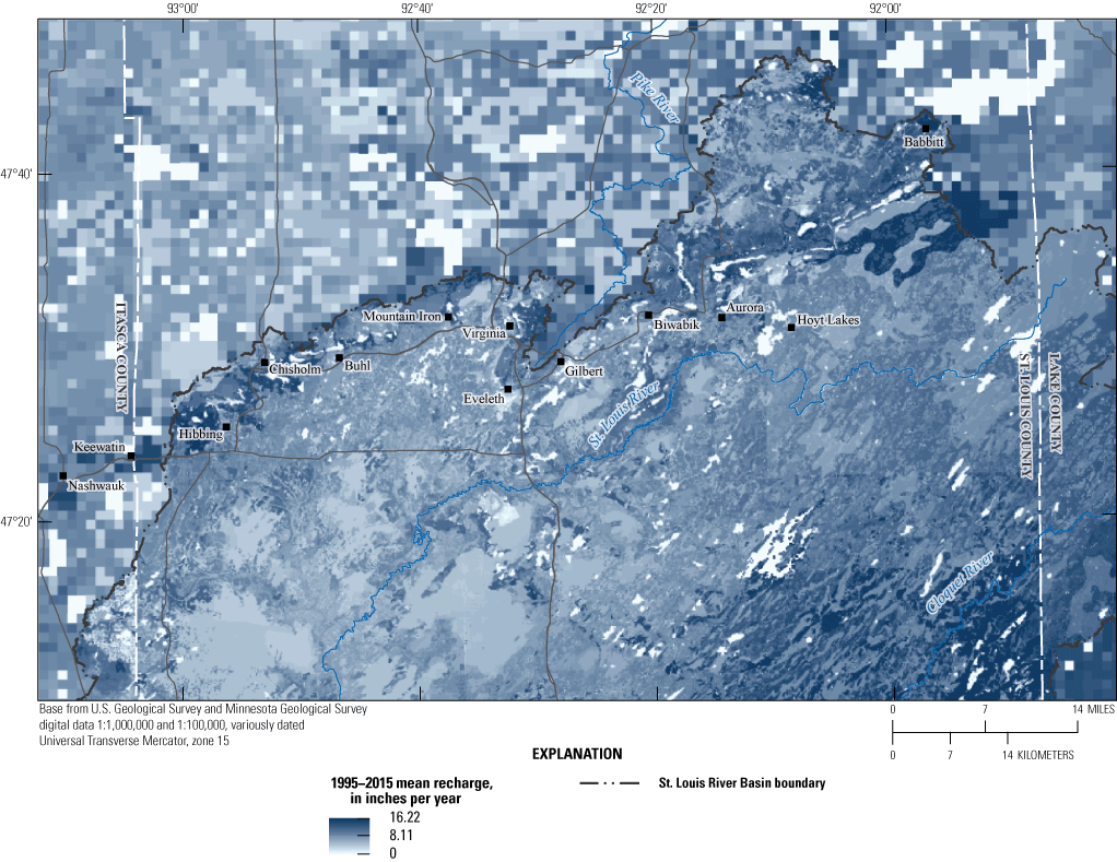 Map area is shown in shades of blue by mean recharge value.
