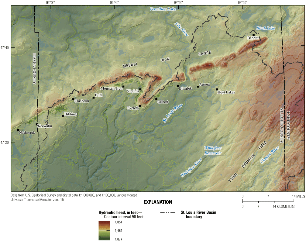 Map area is shown in shades of dark red to dark green based on hydraulic head.