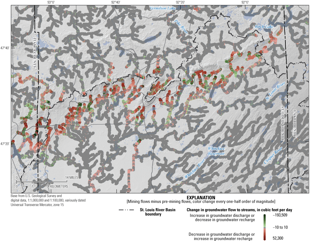 Change in groundwater flow is shown using dots along streams in shades from dark green
                     to dark red.