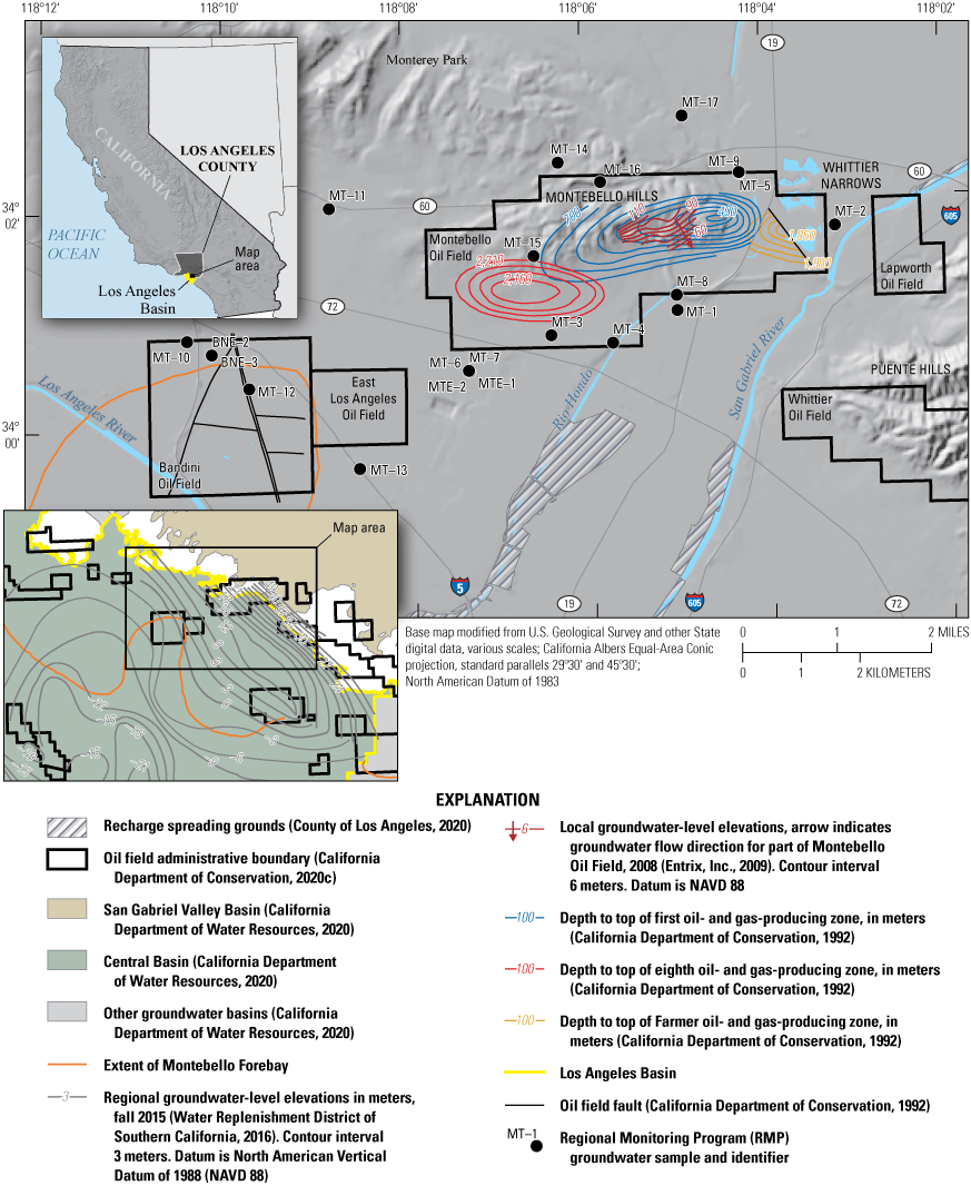 1. Locations of sample sites, oil field boundaries, recharge spreading grounds, faults,
                     extent of Montebello Forebay, roads, and groundwater basin boundaries.