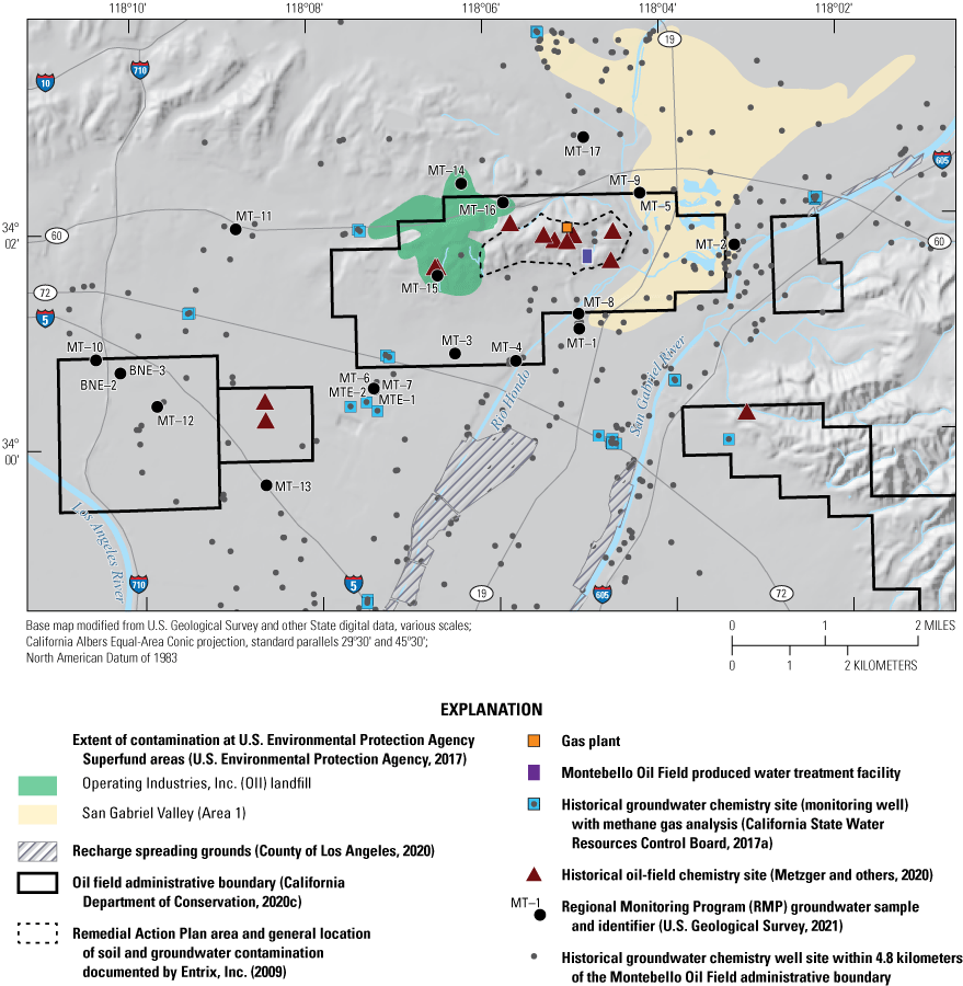 4. Historical groundwater chemistry samples are distributed across the study area
                        and historical oil-field chemistry samples are located in the Montebello and Bandini
                        Oil Fields.