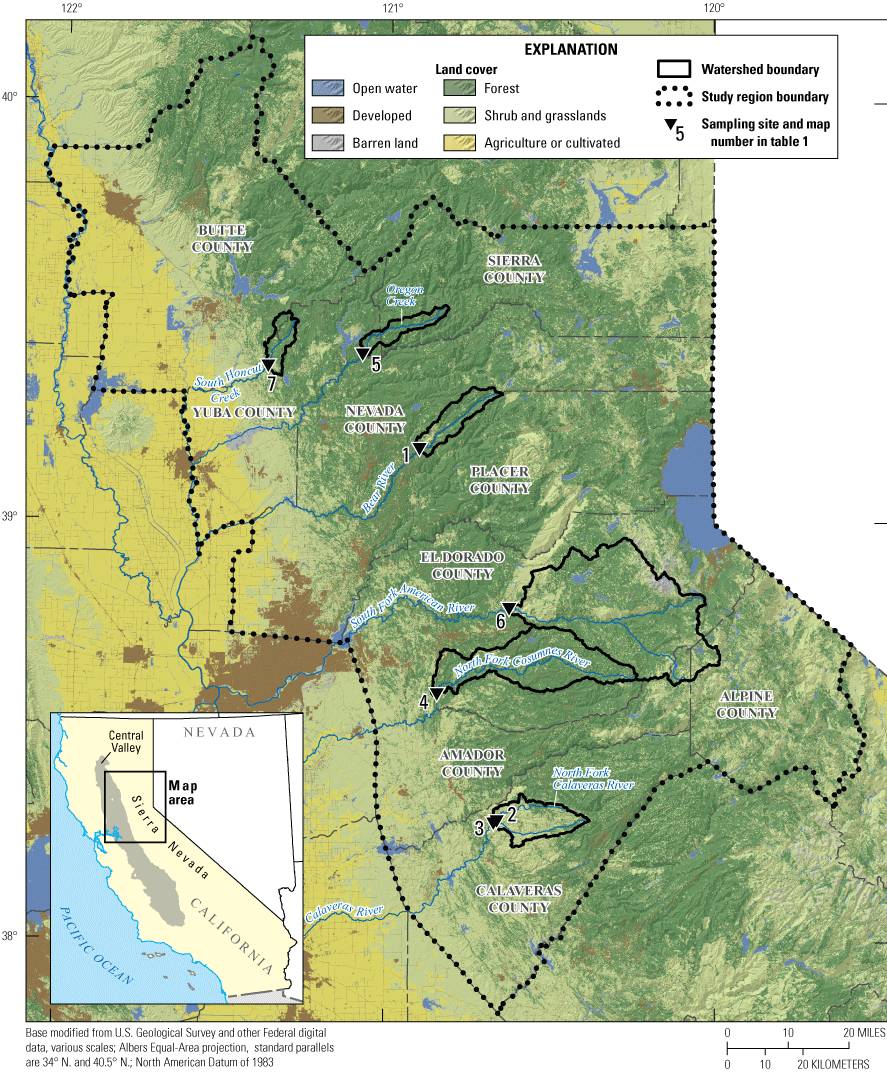1. Map of study area showing locations of sample sites, watershed boundaries, and
                        land cover types.