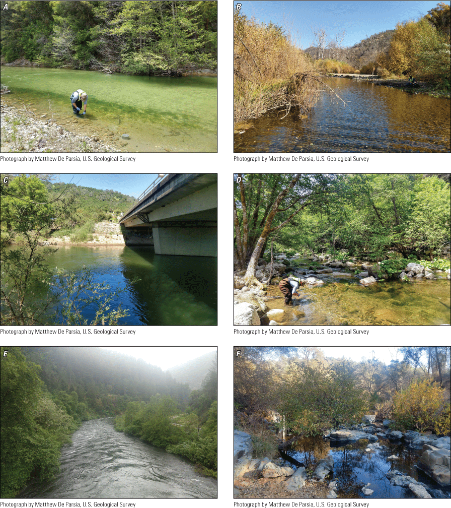 2. Six streams where passive samplers were deployed during the study and USGS employees
                        deploying passive samplers in two of the six streams.