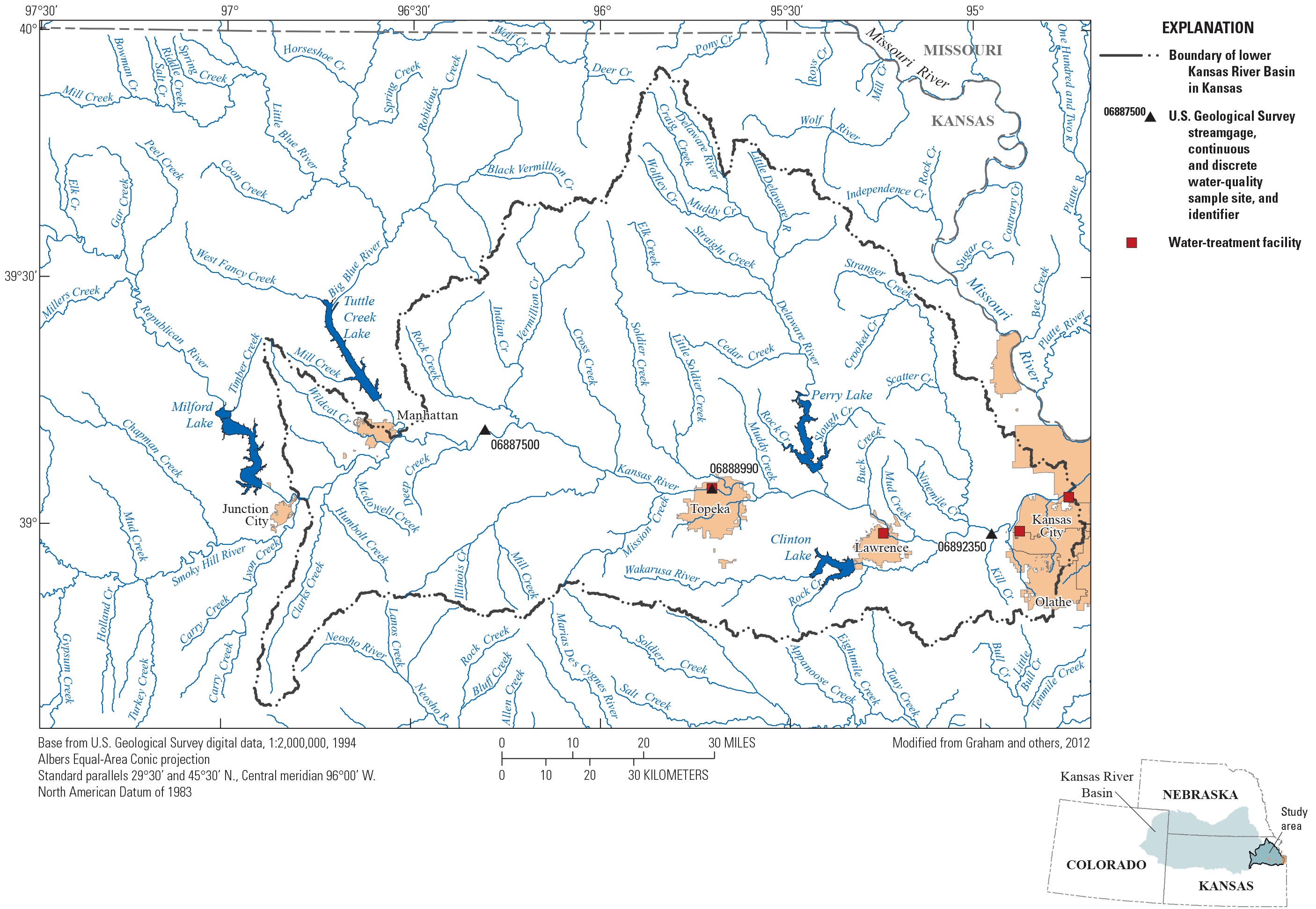U.S. Geological Survey streamgages and water-treatment facilities are shown in the
                     lower Kansas River Basin.