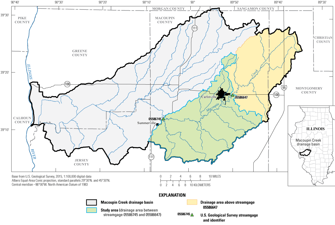 Map outlining Macoupin watershed and location within Illinois with gaging station
                     locations. The upper and lower basins are shaded in different colors.