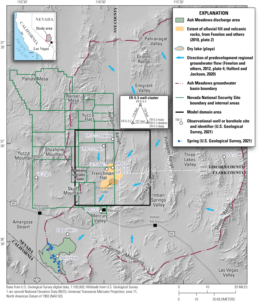 1. Basin and Range DEM with arrows indicating groundwater flow to the south southwest.
