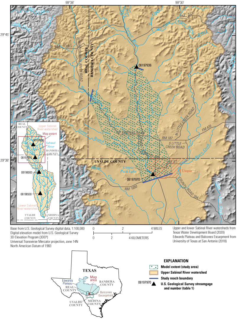 Figure 1. Map shows location of study reach on Sabinal River and West Sabinal River
                        near Utopia, Texas, and nearest USGS streamgages