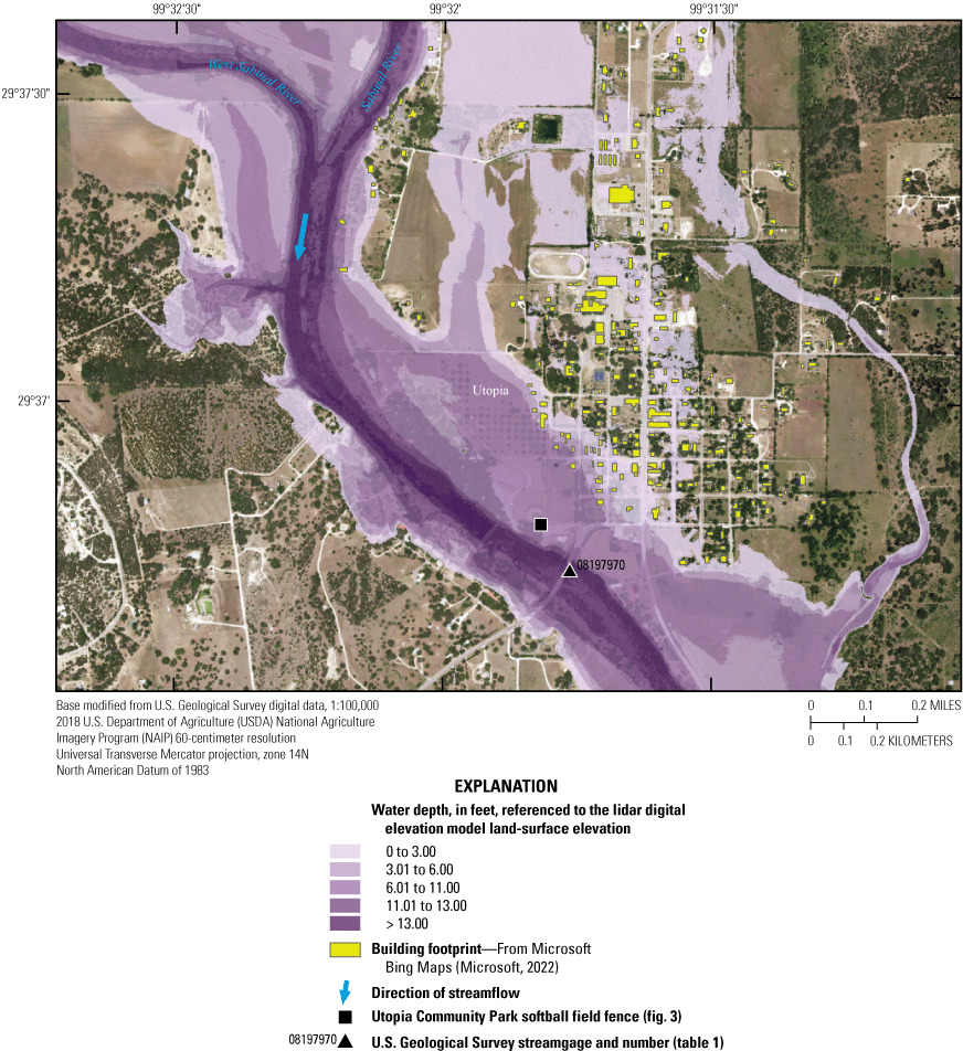Figure 4. Flood-inundation map excerpt shows Sabinal River at Utopia, Texas, corresponding
                     to a stage of 28 feet at USGS streamgage.
