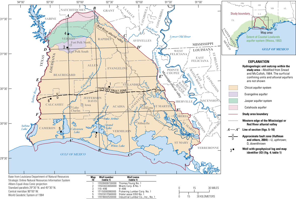 Figure 1. The largest hydrologic unit outcrop in the study area is the Chicot aquifer
                     system. Map shows six lines of section.