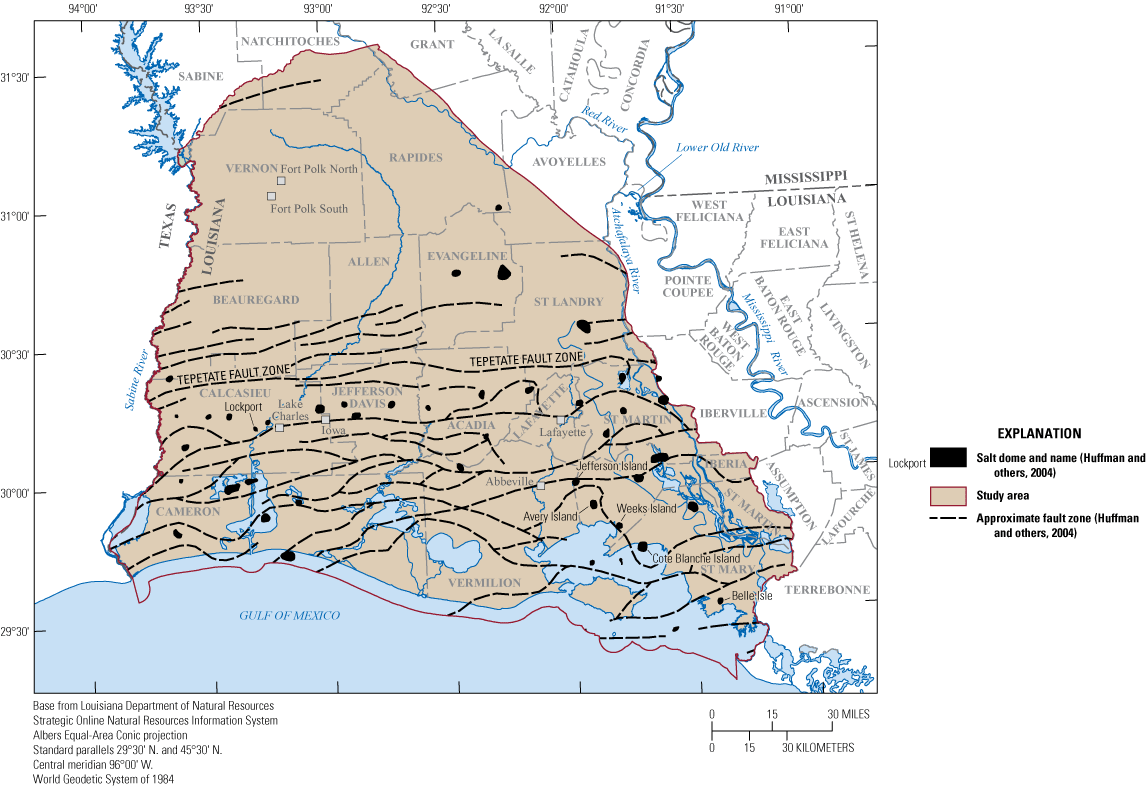 Figure 3. Faults and salt domes are mostly located in the southern part of the study
                        area in southwestern Louisiana