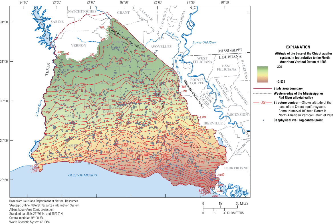 Figure 11. Altitude of the base of the Chicot aquifer system in southwestern Louisiana
                        ranges from 326 to –3,908 feet relative to the NAVD 88.