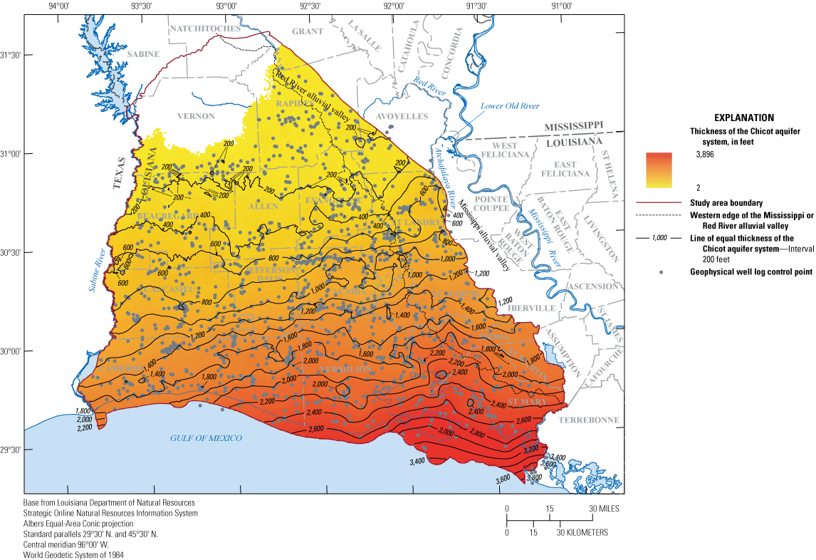 Figure 12. Thickness of the Chicot aquifer system in southwestern Louisiana ranges
                        from 2 to 3,896 feet.