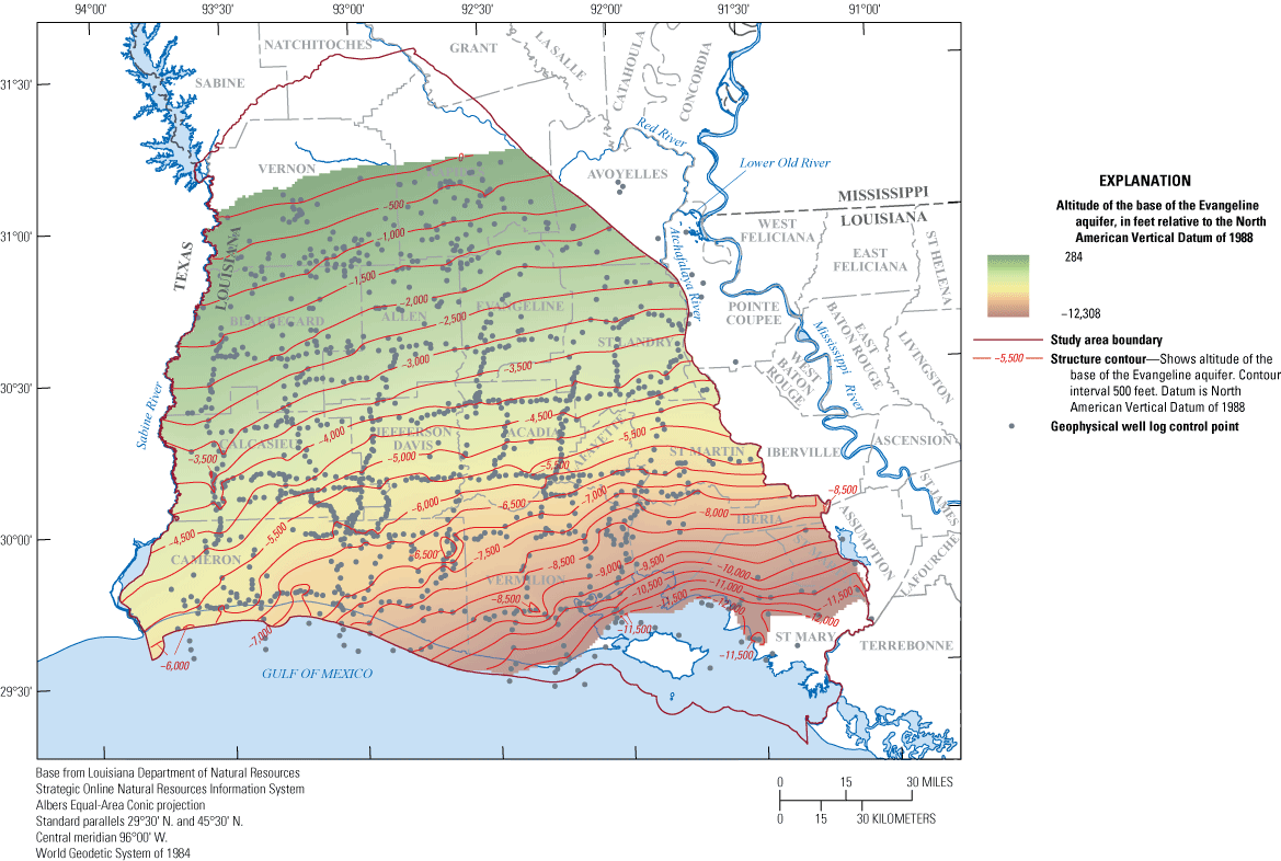 Figure 13. Altitude of the base of the Evangeline aquifer in southwestern Louisiana
                        ranges from 284 to –12,308 feet relative to the NAVD 88.