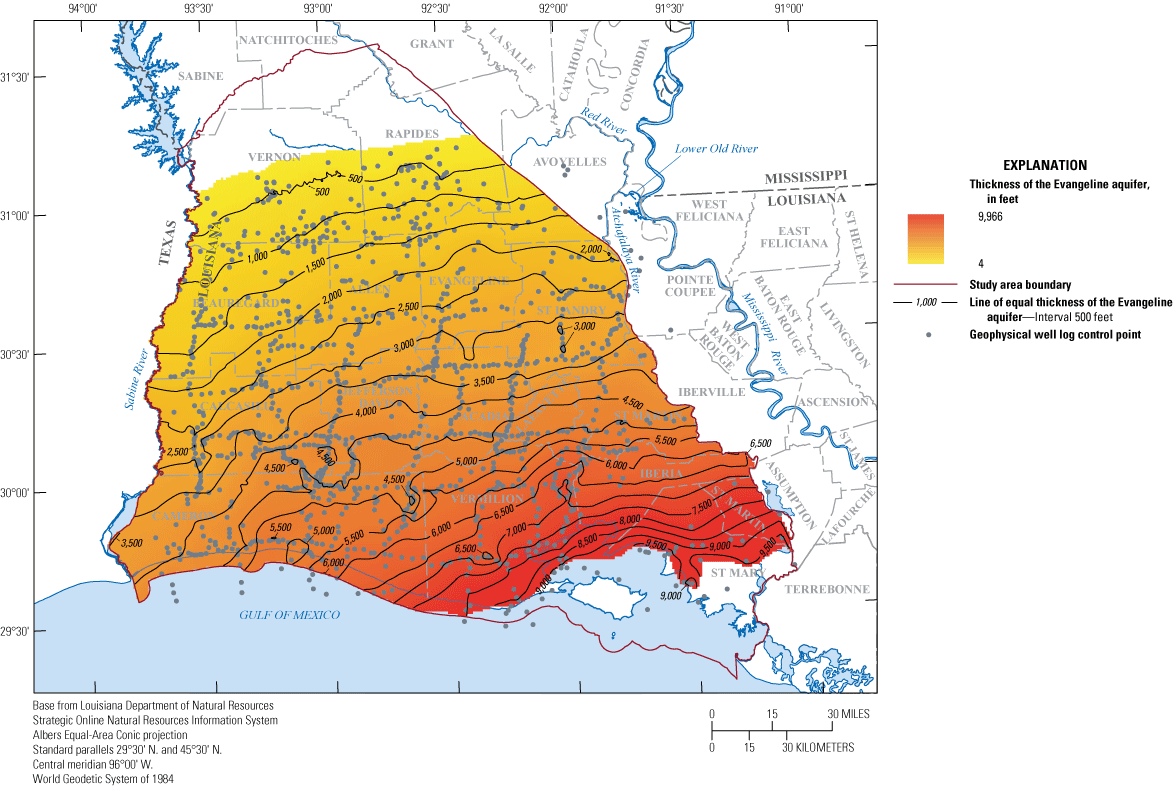 Figure 14. Thickness of the Evangeline aquifer in southwestern Louisiana ranges from
                        4 to 9,966 feet