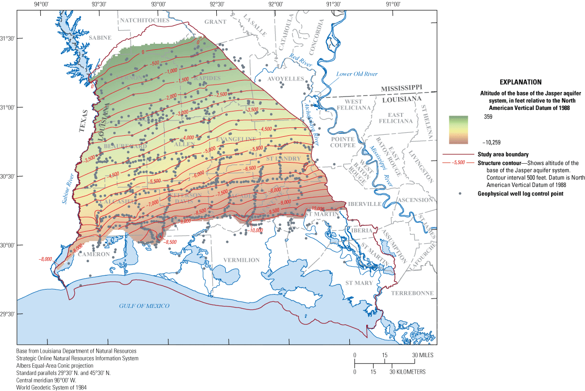 Figure 15. Altitude of the base of the Jasper aquifer system in southwestern Louisiana
                        ranges from 359 to –10,259 feet relative to the NAVD 88