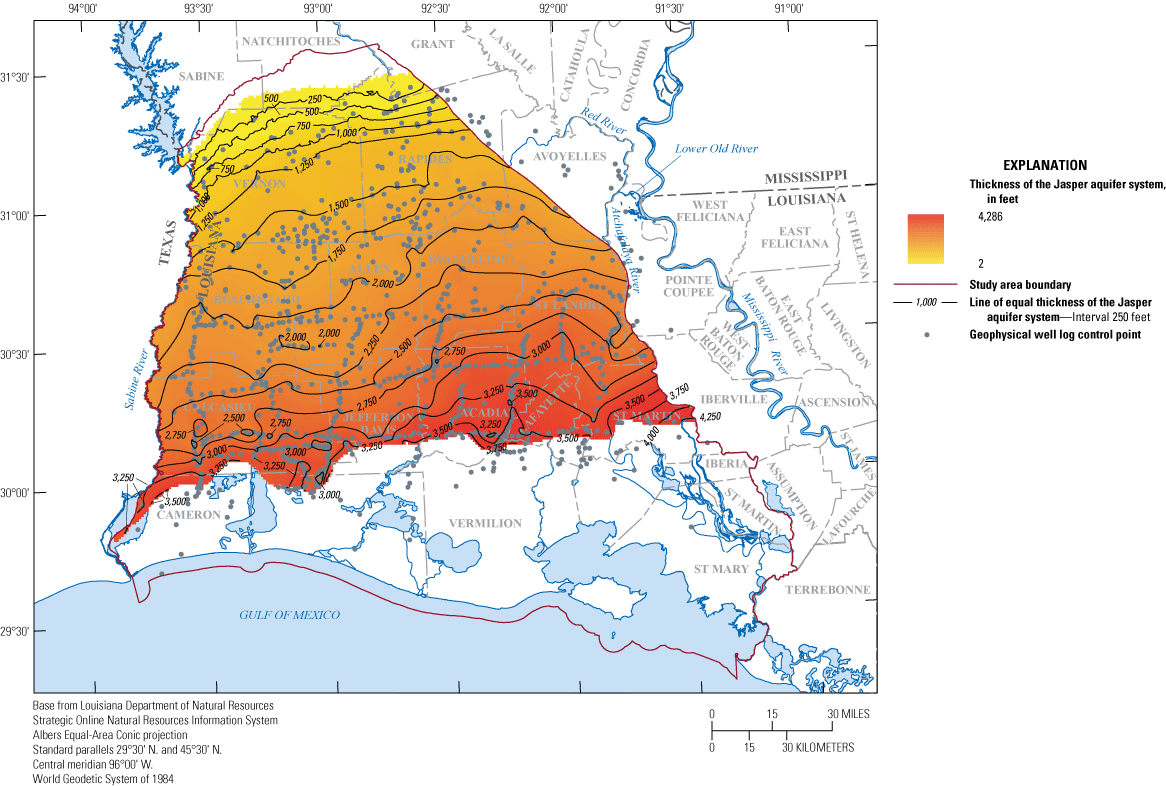 Figure 16. Thickness of the Jasper aquifer system in southwestern Louisiana ranges
                        from 2 to 4,286 feet