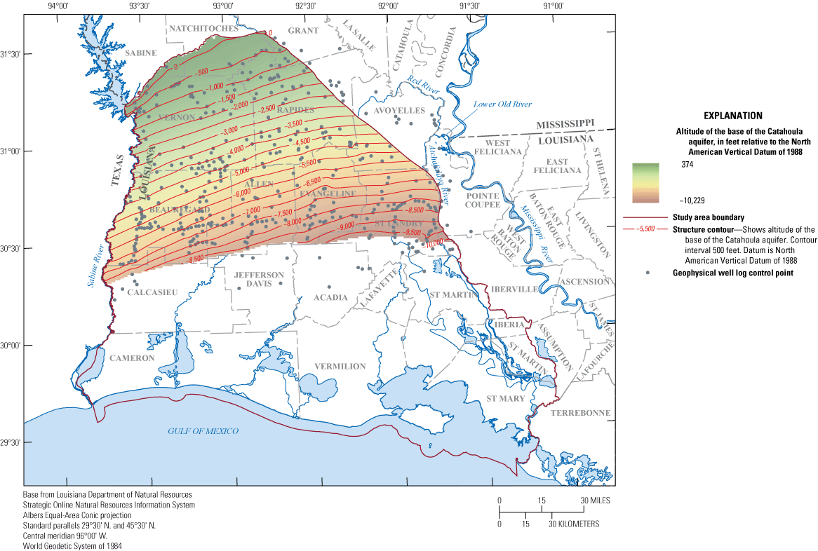 Figure 17. Altitude of the base of the Catahoula aquifer in southwestern Louisiana
                        ranges from 374 to –10,229 feet relative to the NAVD 88