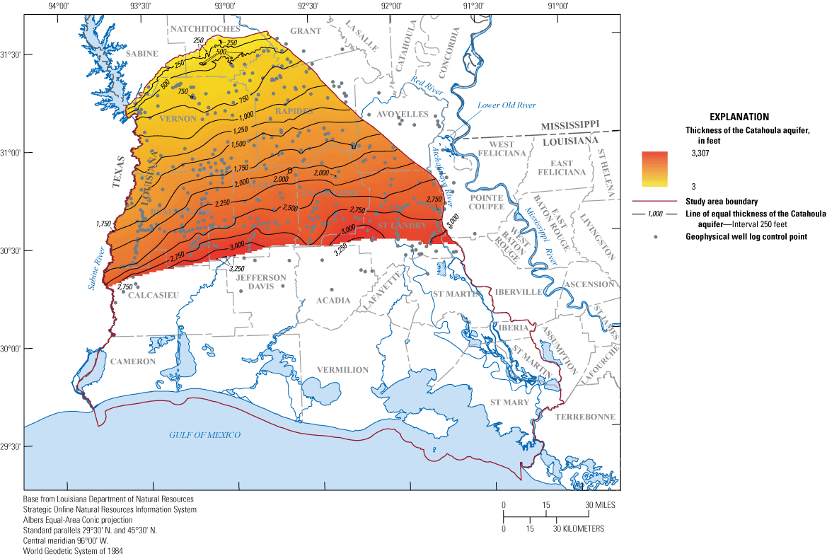 Figure 18. Thickness of the Catahoula aquifer in southwestern Louisiana ranges from
                        3 to 3,307 feet