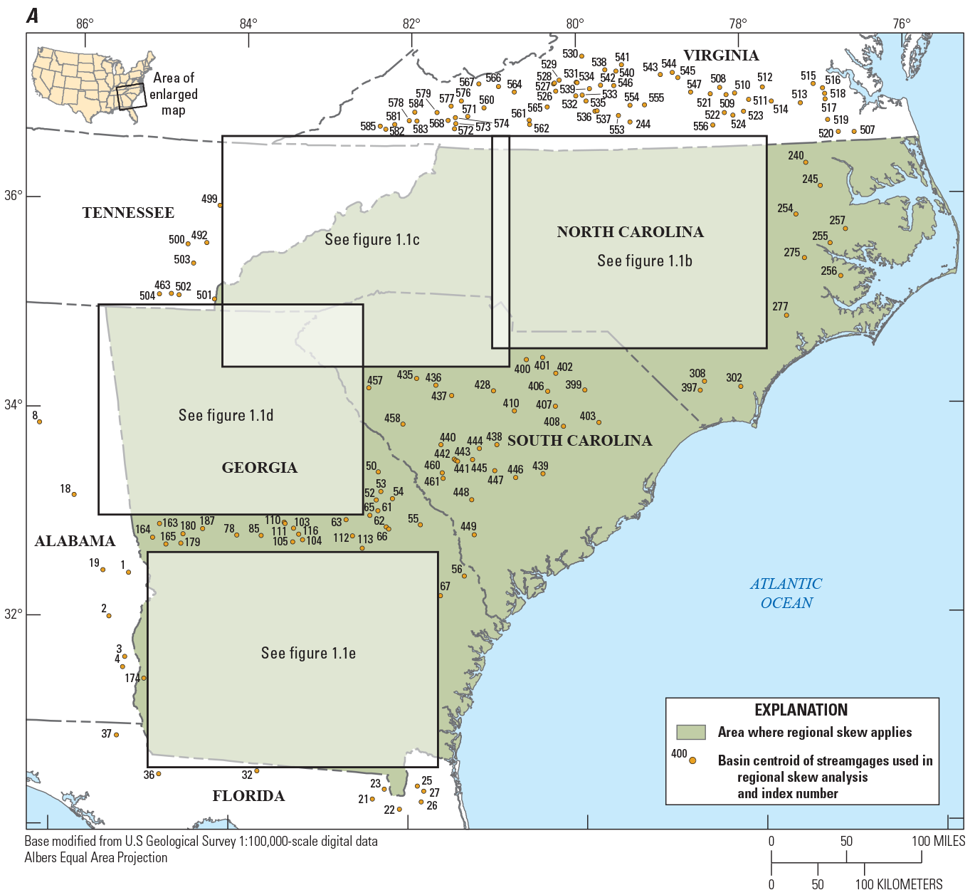5 maps of drainage basins of U.S. Geological Survey streamgages in Alabama, Florida,
                  Georgia, North Carolina, South Carolina, Tennessee, and Virginia that were used for
                  regional skew analysis.