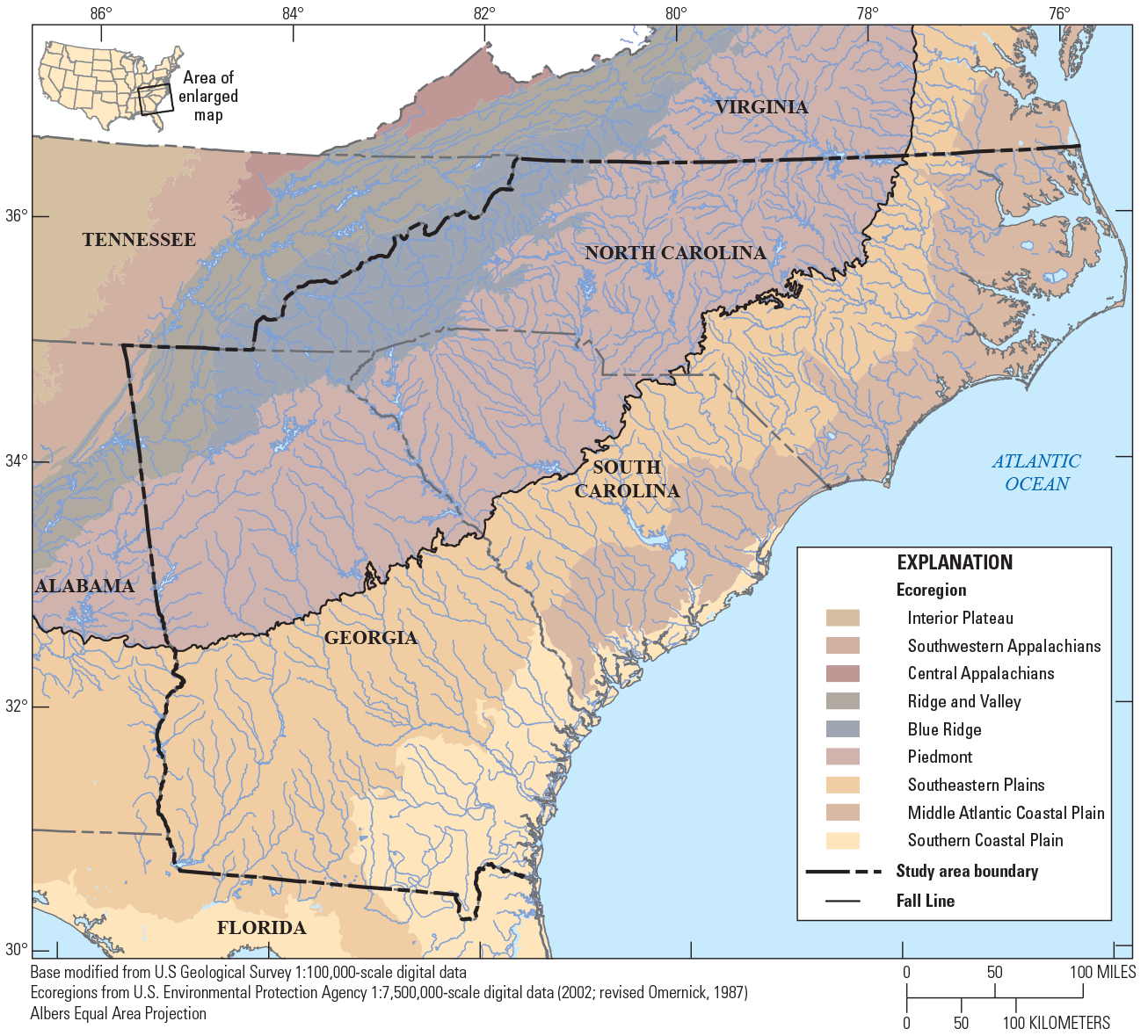 The study area of Georgia, South Carolina, North Carolina with ecoregions and hydrologic
                        features.