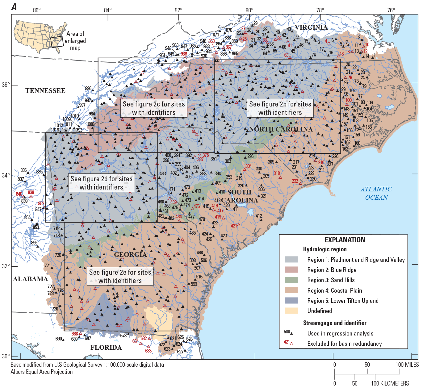 Locations of 965 U.S. Geological Survey streamgages in Georgia, South Carolina, North
                     Carolina, and surrounding States split onto four pages to show all site identifiers.