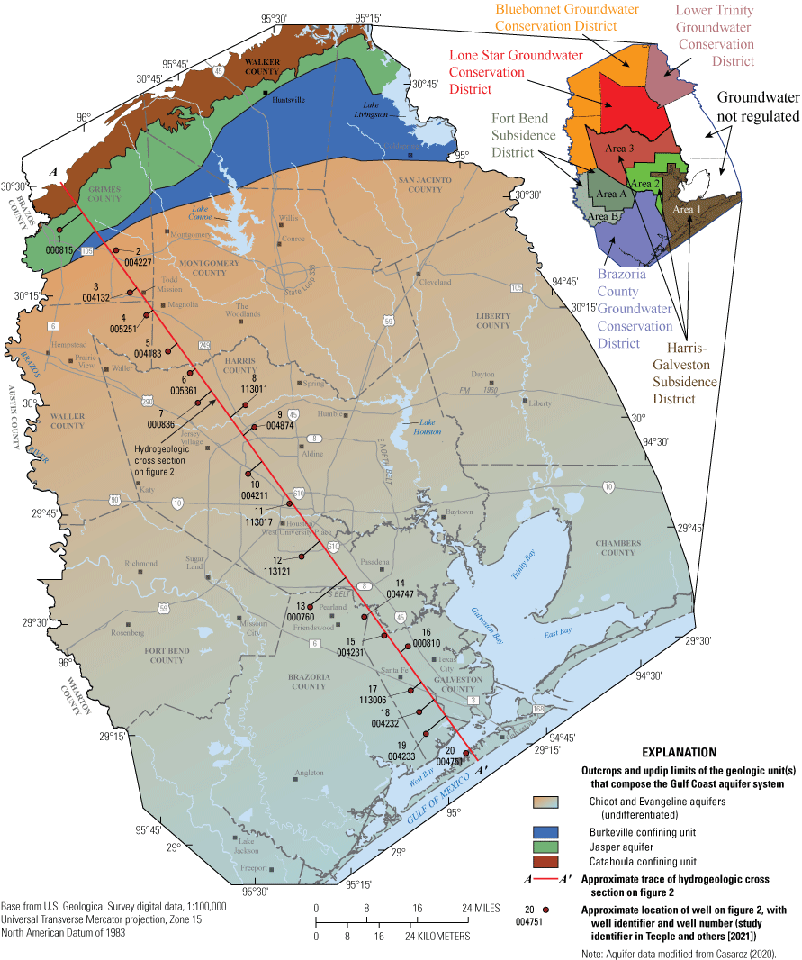 Map of groundwater districts, hydrogeologic cross section A–A´, and outcrops and updip
                     limits of Gulf Coast aquifer system.