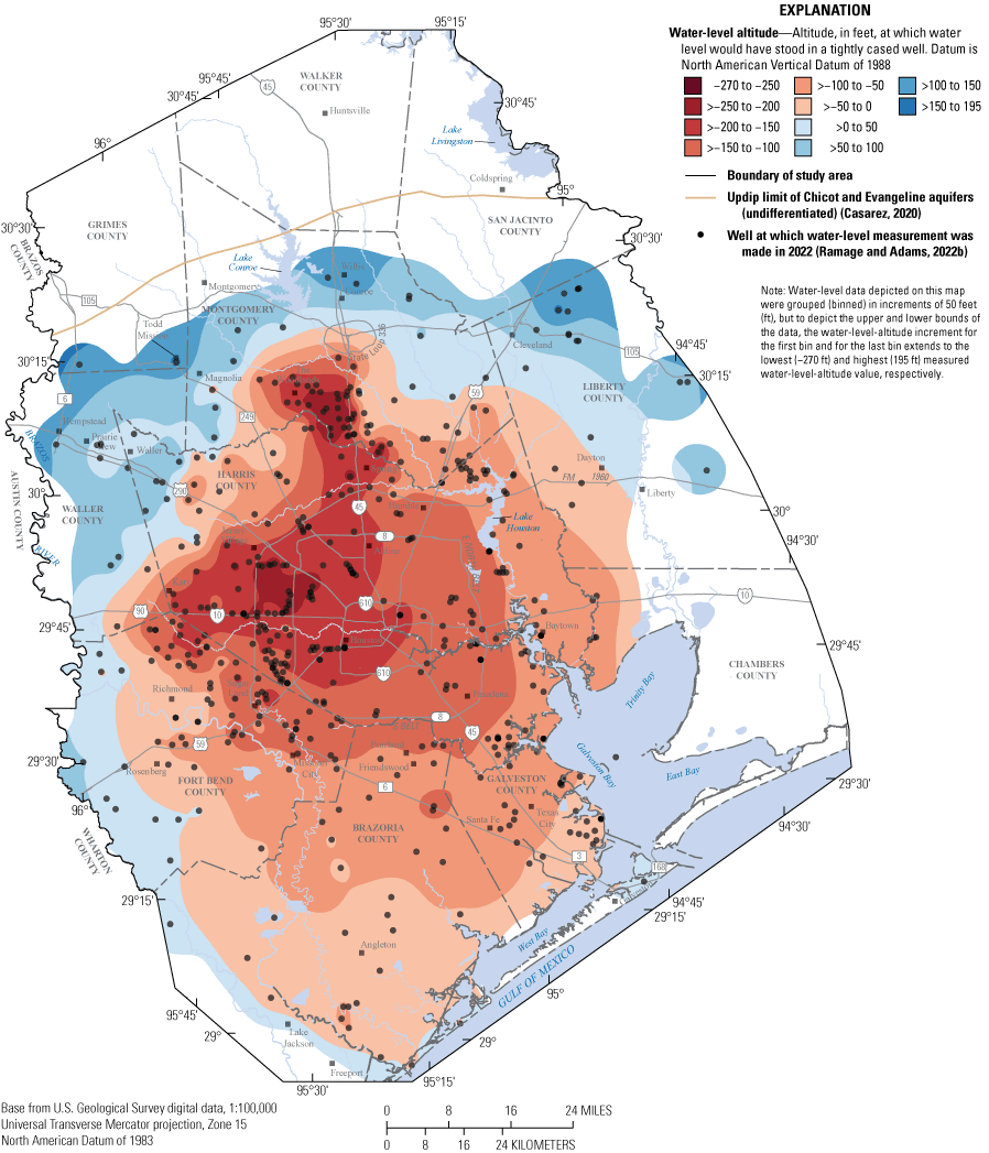 Map shows approximate 2022 water-level altitudes in Chicot and Evangeline aquifers
                     undifferentiated in study area